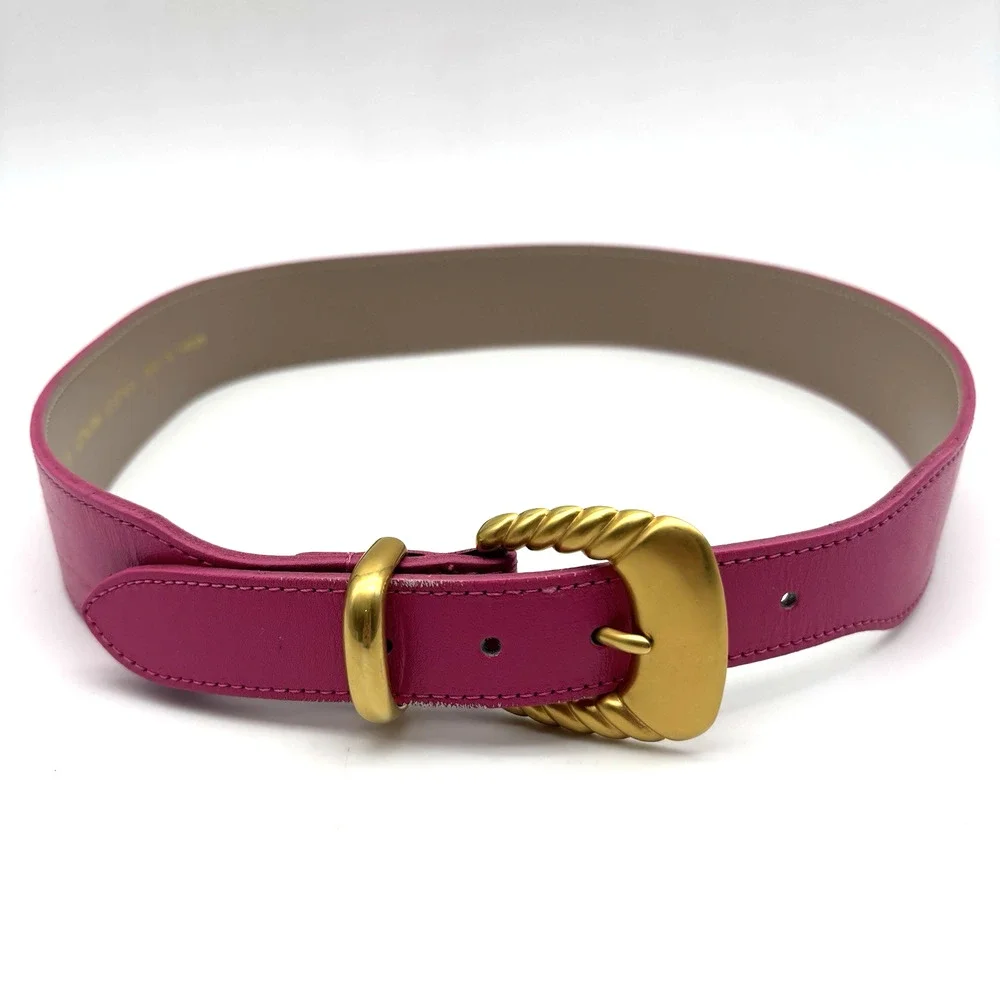 Vintage 80s Hot Pink Genuine Leather Brass Buckle Waist Belt M 26-29
